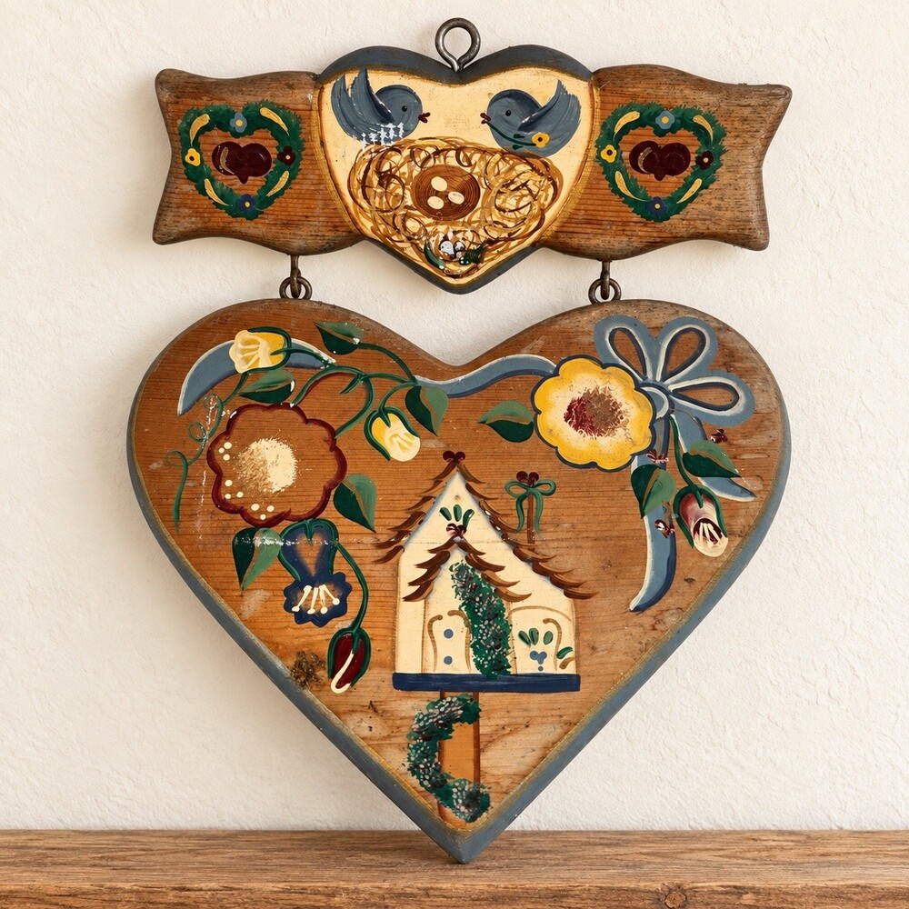 Vintage Hand Painted Wood Heart Wall Hanging Birds Nest Cottage Folk Art Decor